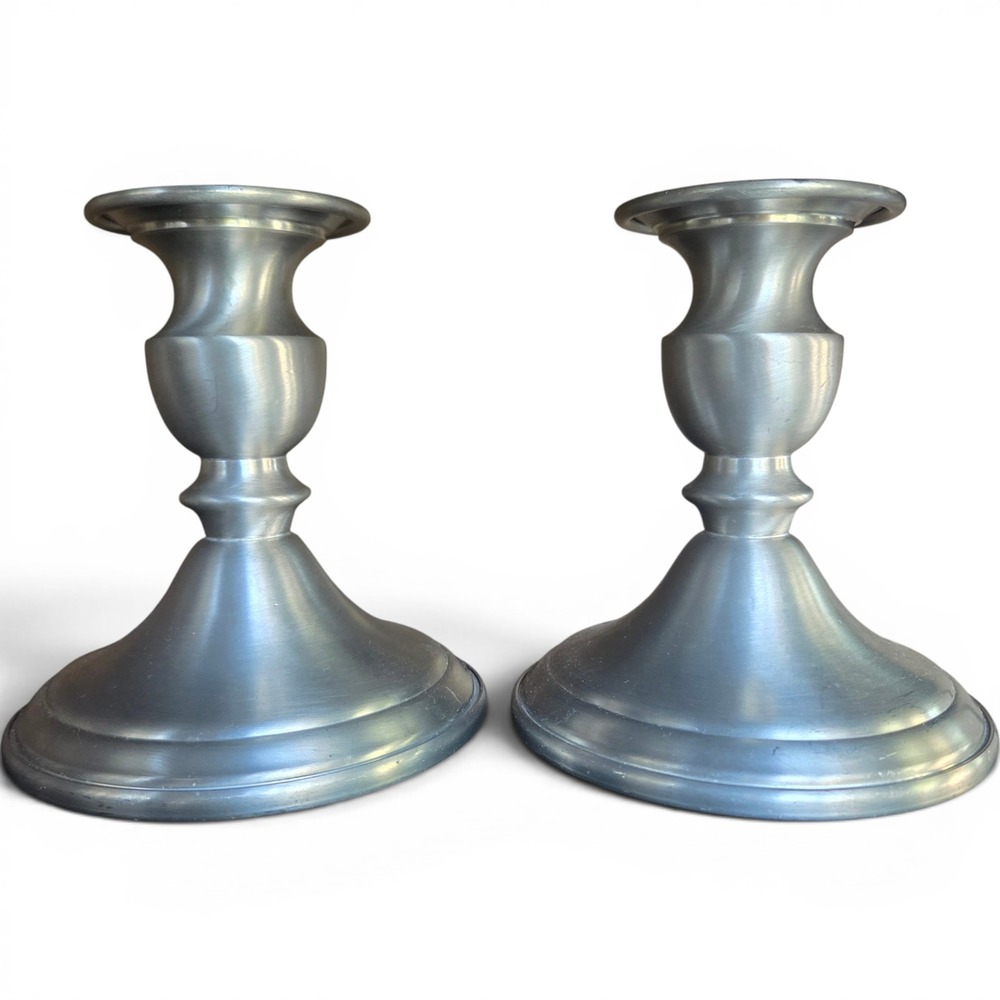 Web Weighted Pewter Candlestick Holders Pair Silver Brushed Metal Traditional 4"